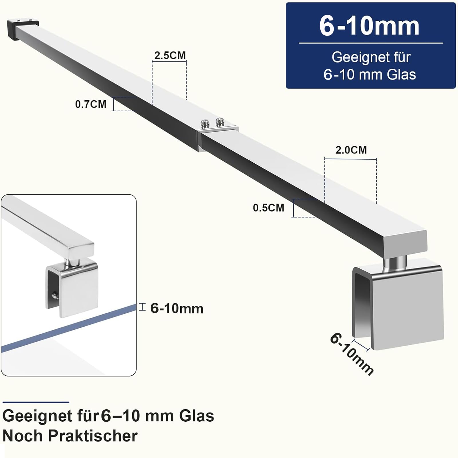 SVNR Barra telescópica ajustable para puerta de ducha de 700 mm a 1200 mm, acero inoxidable, forma cuadrada para mamparas de ducha húmedas y cabinas, apto para cristales de 8 – 10 mm, color plateado