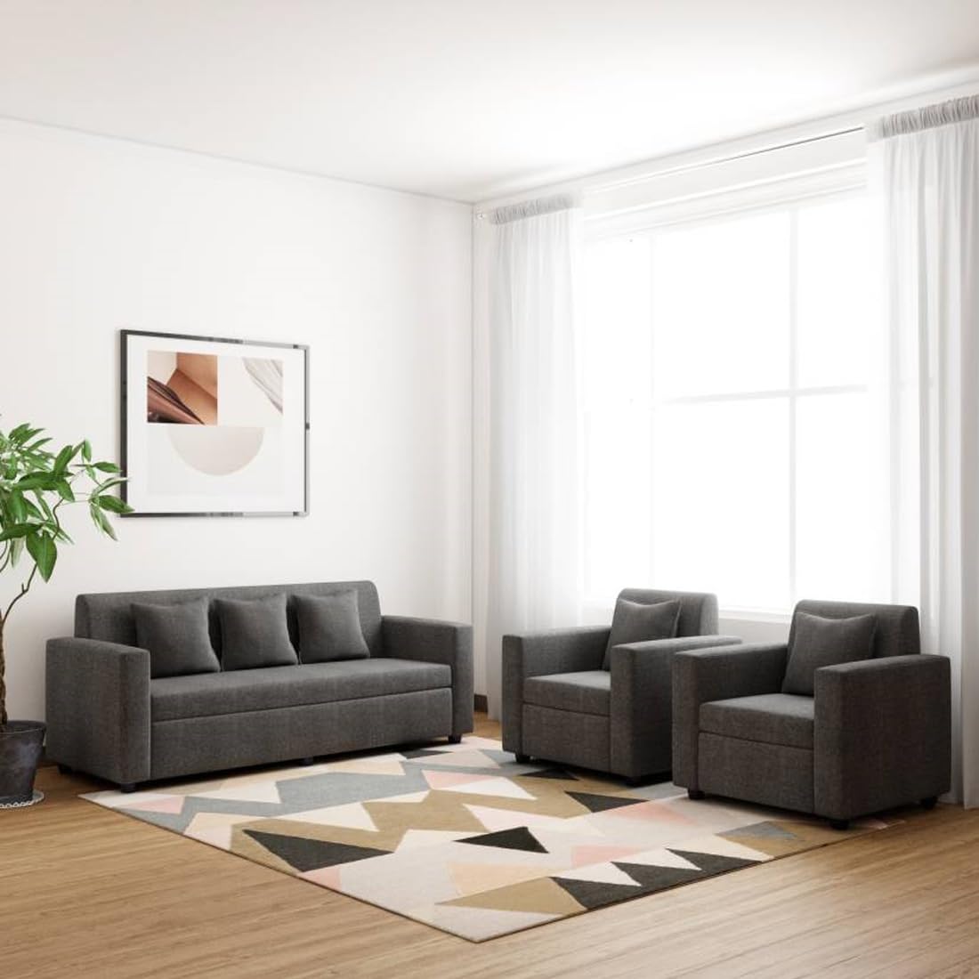 HANDWOOD FURNITURE 5 Seater Fabric Sofa Set for Living Room Furniture | 3 + 1 + 1 Sofa Set | Sofa for Home & Office | Fabric Color:- Dark Grey (B0D8JMN83Z) Amazon Price History, Amazon Price Tracker