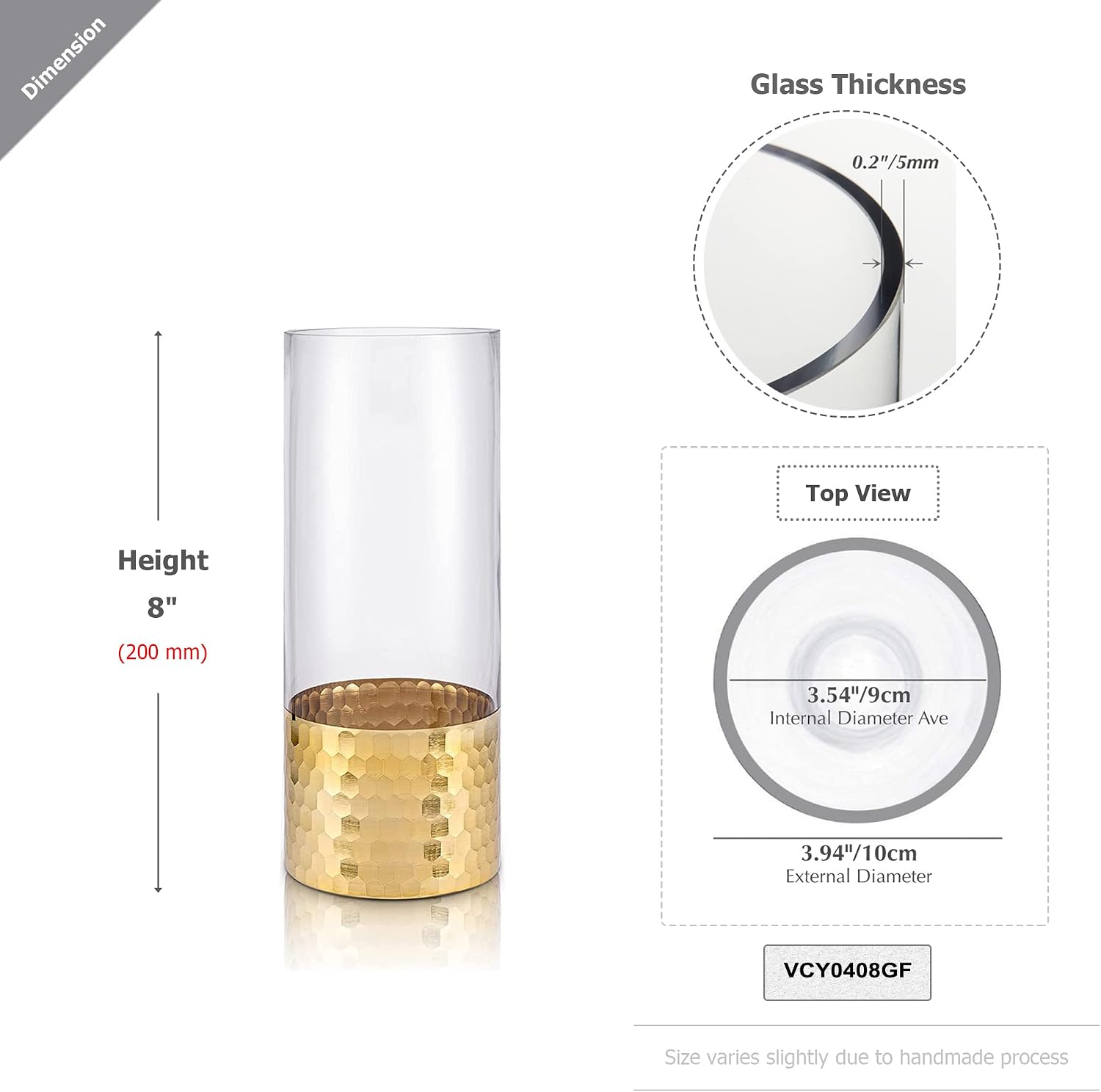 Clear Cylinder Glass Vase with Gold Honeycomb Metalic Base | Tall Vases for Flowers, Home Décor, Wedding Table Centerpieces, Gift