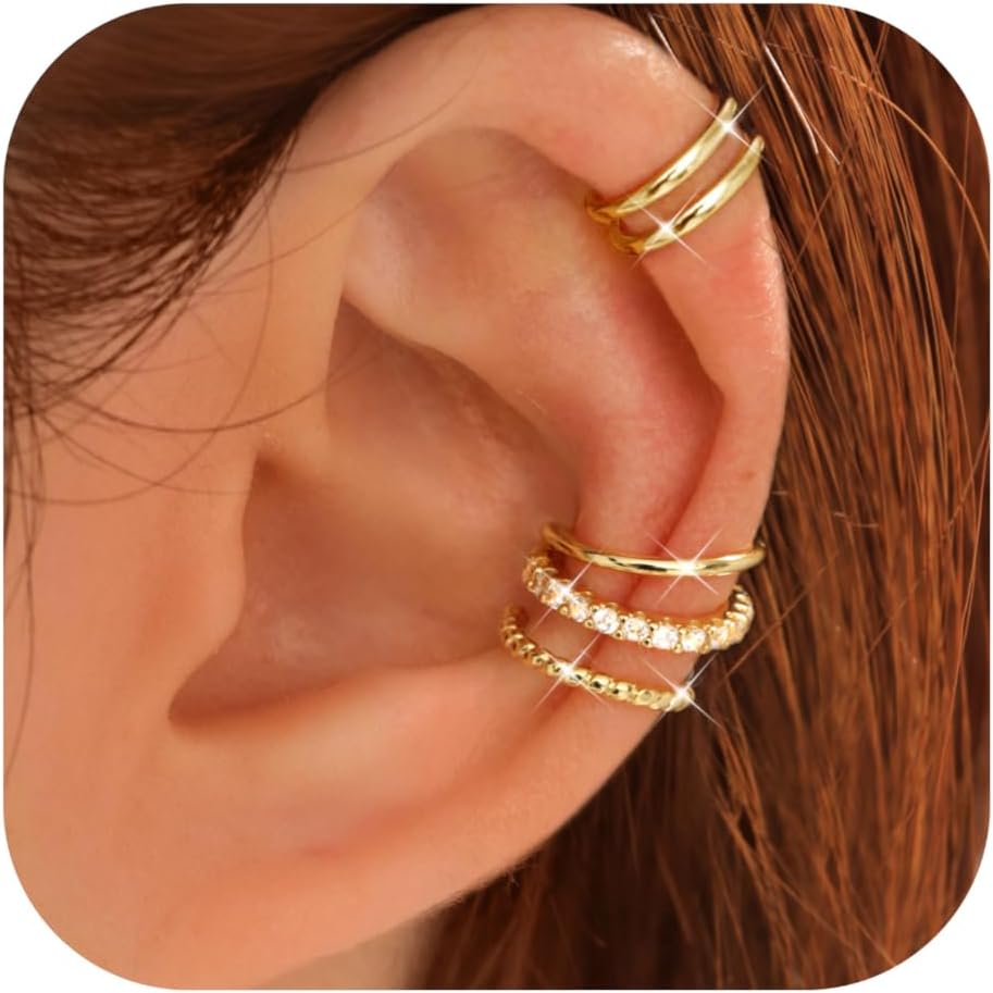 LOLIAS 4 Pairs 14K Gold Plated Non-Piercing Ear Cuffs for Women - Adjustable Clip-On Cartilage Fake Earrings Set