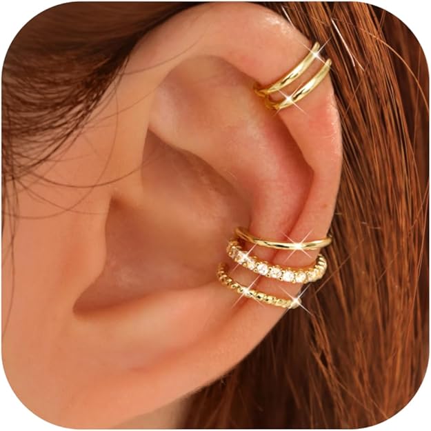LOLIAS 4-Pair Non-Piercing Ear Cuff Set 14K Gold Plated Adjustable Clip-On Earrings for Women