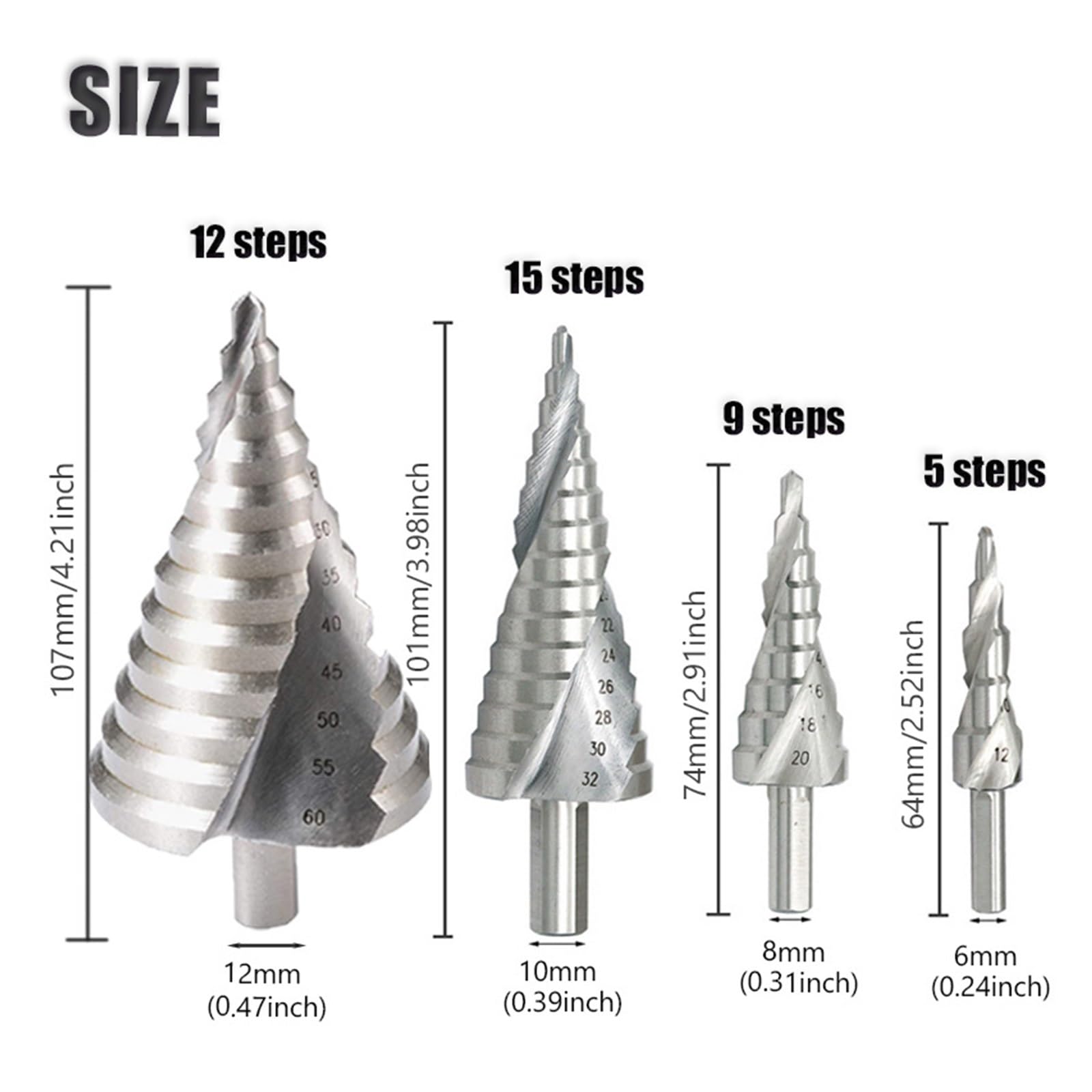 4-12 4-20 4-32 6-60 mm Pagoda Taladro Tornillo Núcleo Herramienta de perforación Acero Espiral Ranurado Metal Broca escalonada(4-12 4-20 4-32)