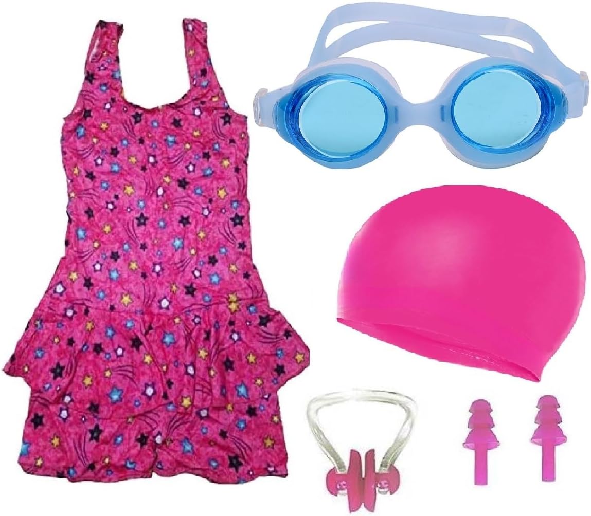 THE MORNING PLAYGirls Swimming Costume with Swim Goggles Swim Cap 2Ear Plug and 1Nose Plug