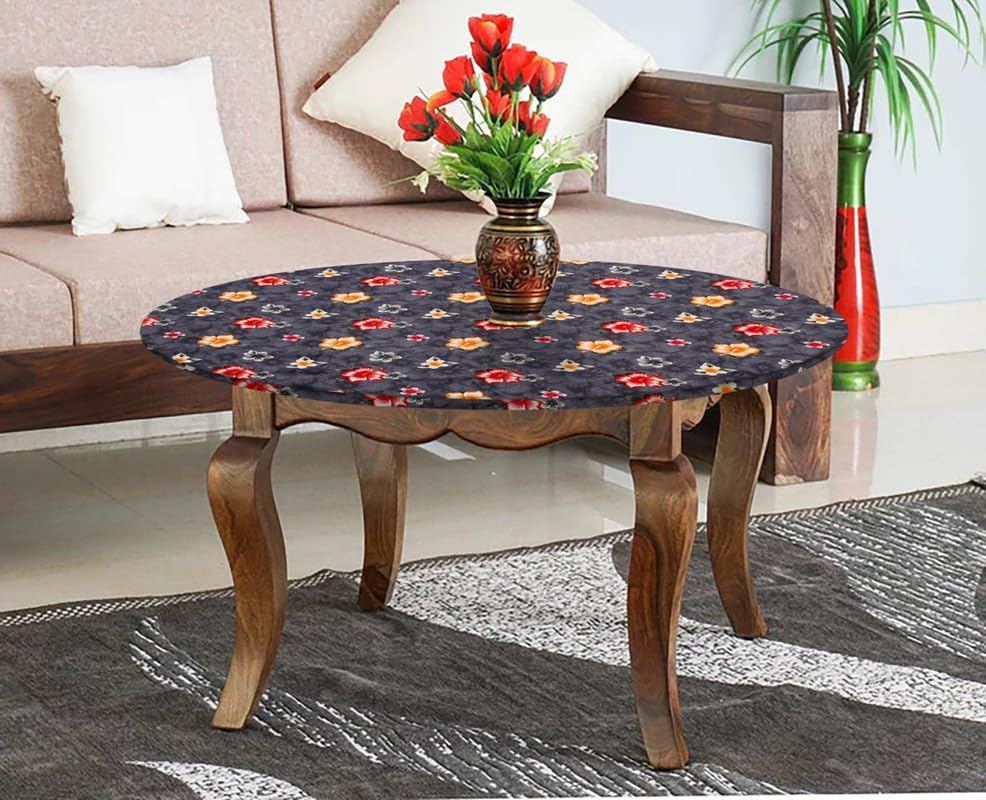 Image of The Furnishing Tree Round Elastic Fitted Center Tpoy Table Cover WxL 28x28 Inches Floral Pattern Grey