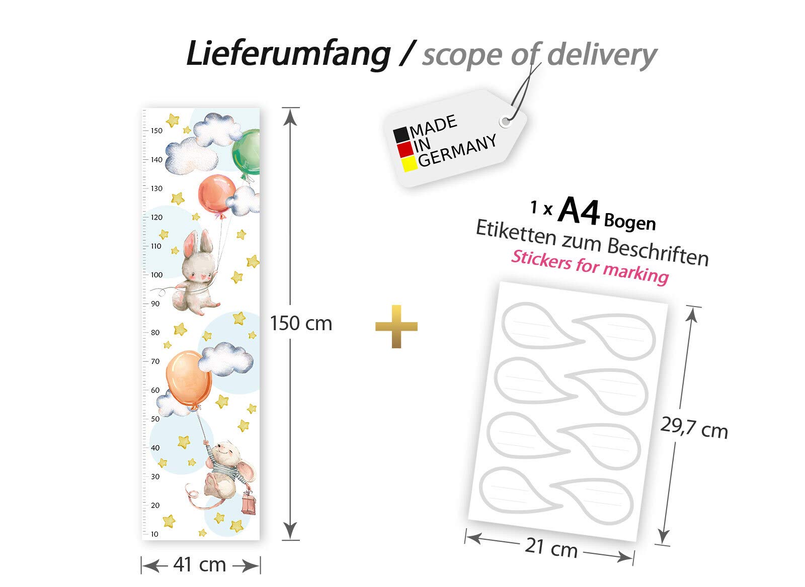 Wandtattoo Kinderzimmer Fuchs & Reh Wald | 150cm Messlatte | Tier Deko Aufkleber