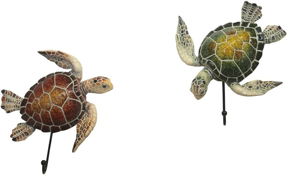 Comfy Hour 5.5" Sea Turtle Wall Hangers, 2-Count Duo Including Green and Brown Decorative Turtle Figurine Hooks, Coastal Beach Theme Resin Sculpture for Keys and Jewelry, 1 Pair
