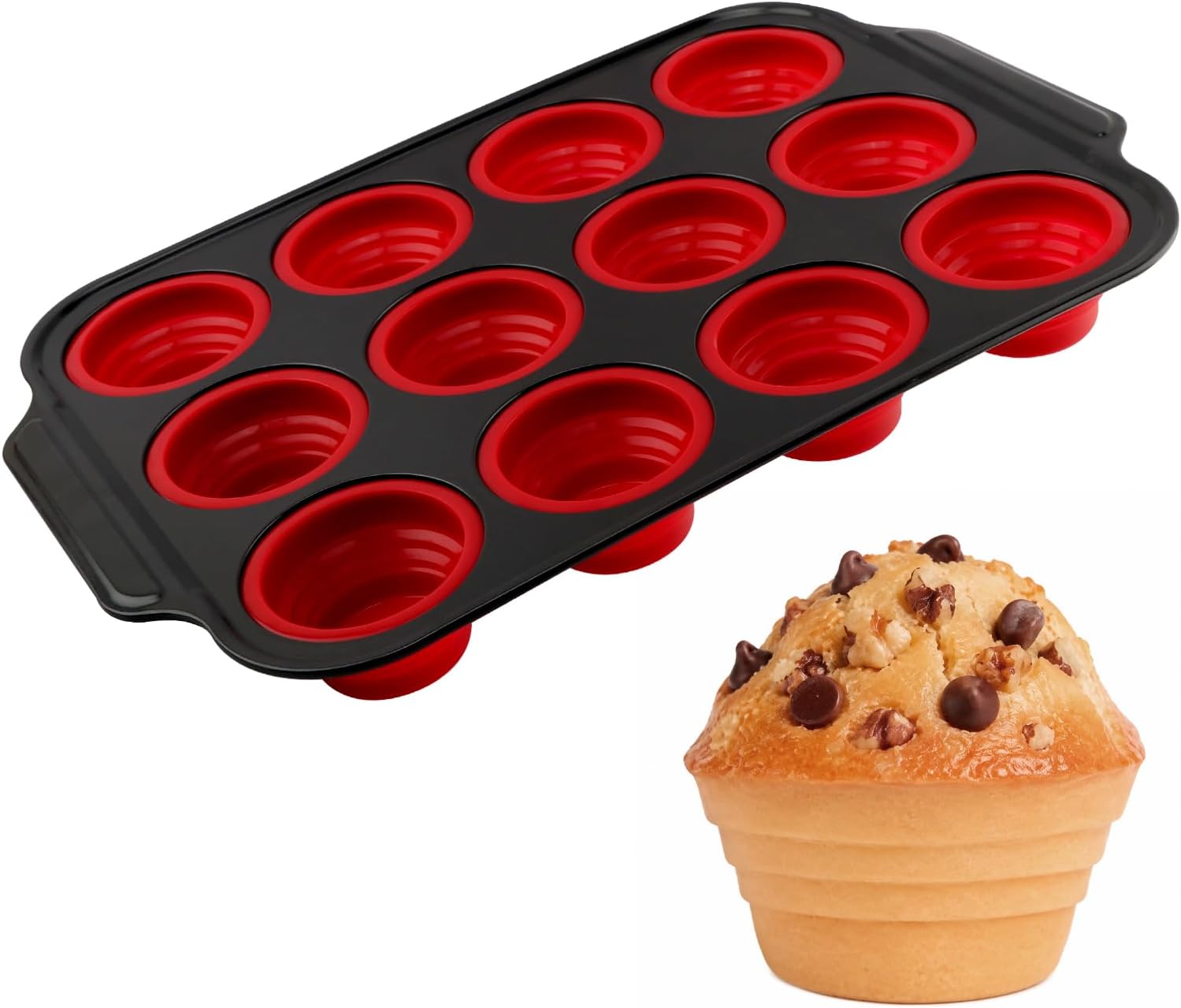12-Cup Silicone Muffin Pans, Nonstick Egg Bite Molds for Baking, Food-Grade Cupcake Pan for Oven, Microwave, Dishwasher Safe, BPA-Free, Silicone Baking Mold for Muffins, Cupcakes, Egg Muffins, Red