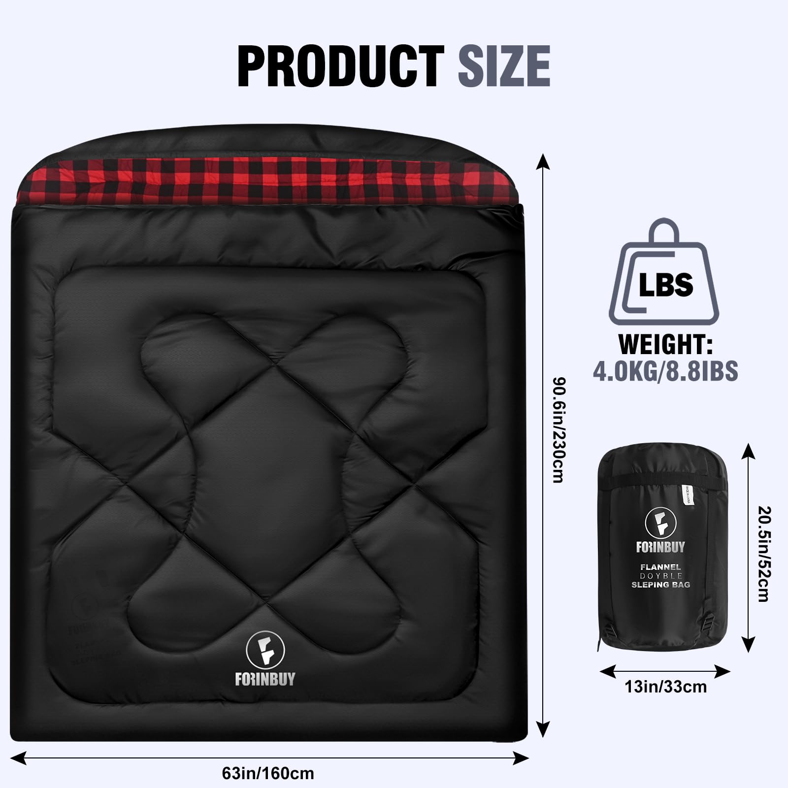 Flanell Doppelschlafsack 230x160cm für 2 Personen XXL | 100% Baumwolle Futter, wasserabweisend, 4-Jahreszeiten Deckenschlafsack – ideal für Paare, Familien Camping, Wohnmobil-Reise