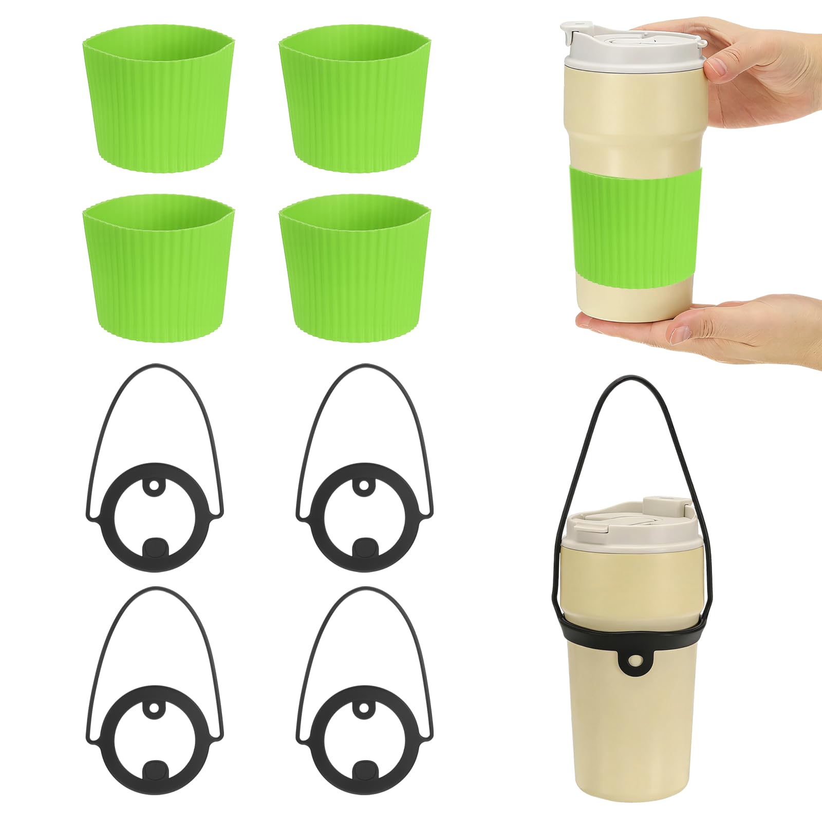 sourcing map Silicone Cup Sleeve, 4 Pcs Coffee Sleeves with Cup Black Handle Strap Heat Resistant Reusable Nonslip Glass Bottle Protector for Coffee Tea Cold Hot Drinks Home Travel, Green