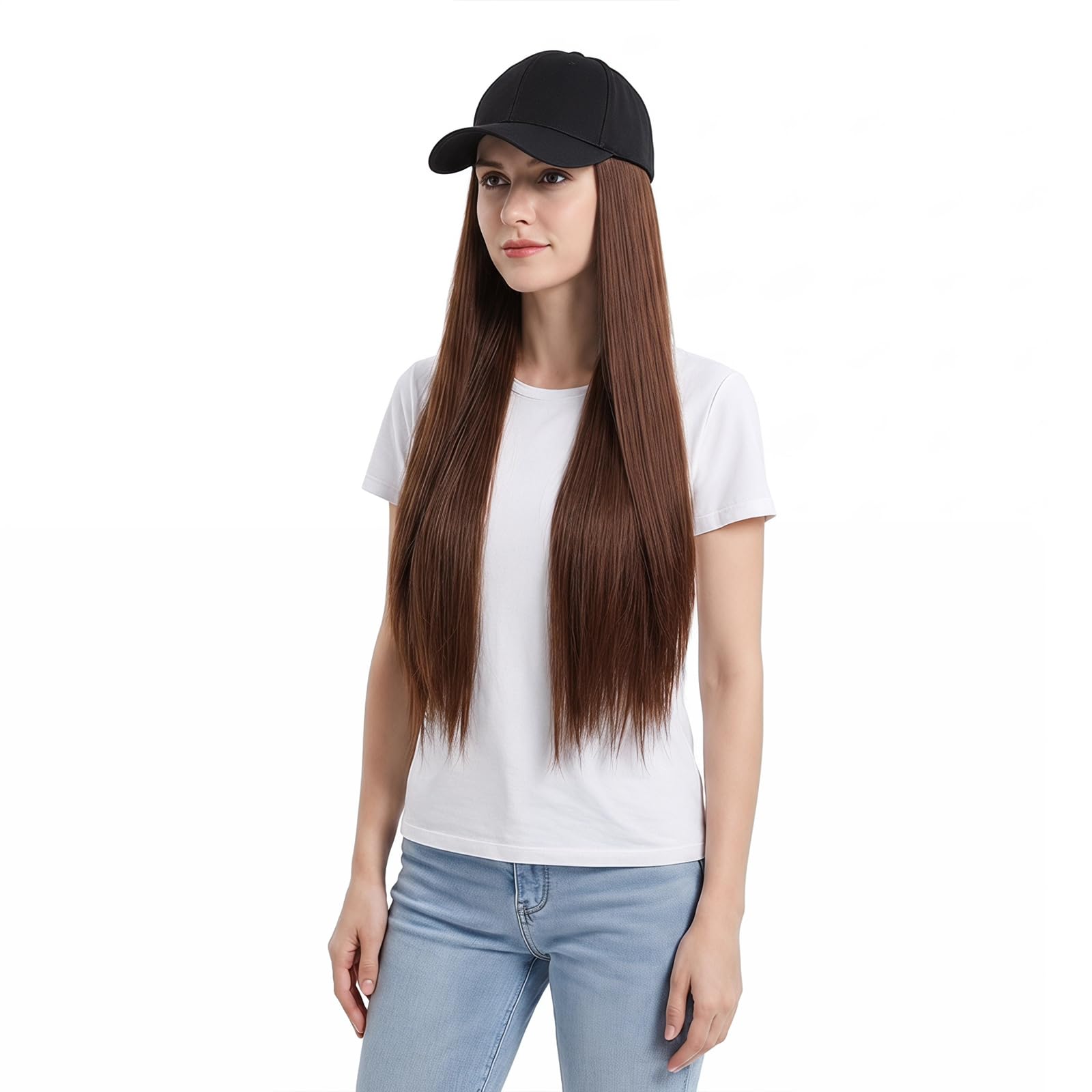 RUIXIA Womens Baseball Wig Cap with Straight Long Hair Synthetic Heat Resistant Hat Natural Adjustable Daily Travel Party Hat