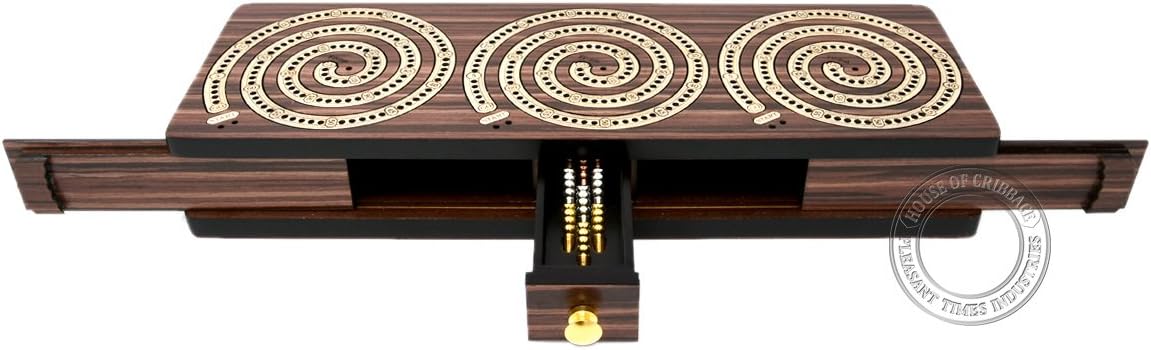 House of Cribbage - 3 Track - Spiral Design Continuous Cribbage Board/Box Inlaid in Rosewood/Maple Wood - Separate Storage Space for Two Deck of Cards & Pegs