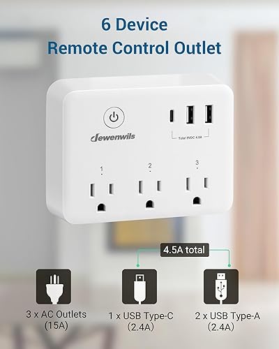 Miniatura 3 de DEWENWILS Toma de control remoto inalámbrico, interruptor de salida USB remoto de 125 V15 A1875 W, rango de control de 100 pies, salida de control