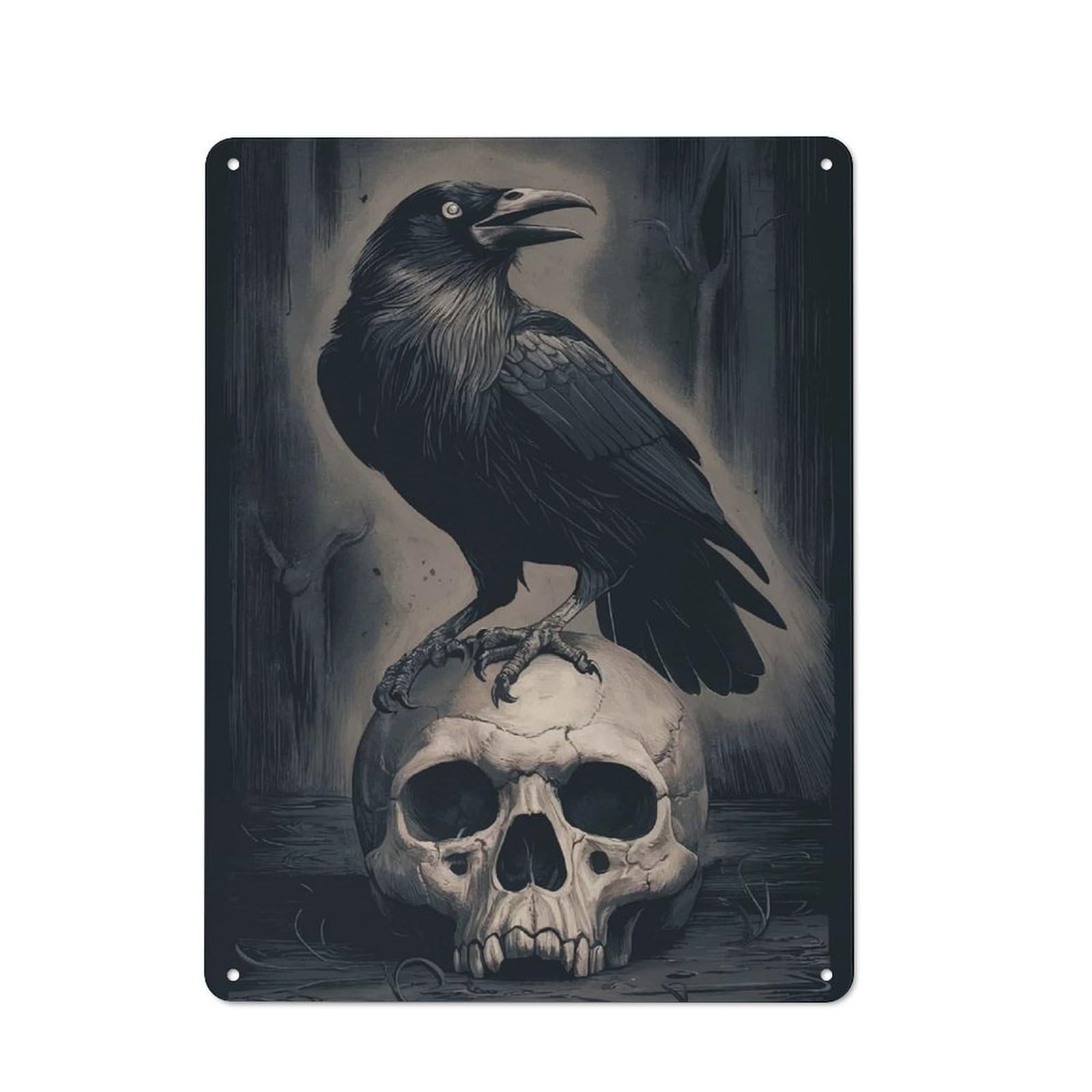 Kitchen Metal Sign with Raven on Skull Design 40x30cm, Cosy Kitchen Wall Decor for Bakery, Diner, Cafe Or Family Room