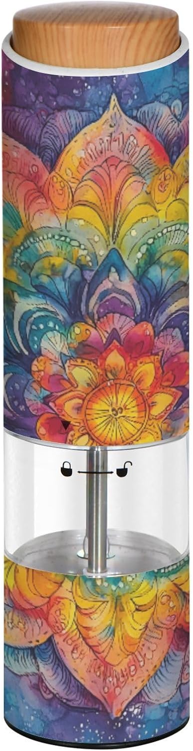 ALAZA Electric Pepper Grinder with Adjustable Coarseness, Yellow Blue Mandala Pattern Battery Automatic Salt and Pepper Mill with Led, One-Handed Operation Spice Grinder for Kitchen, Camping & BBQ