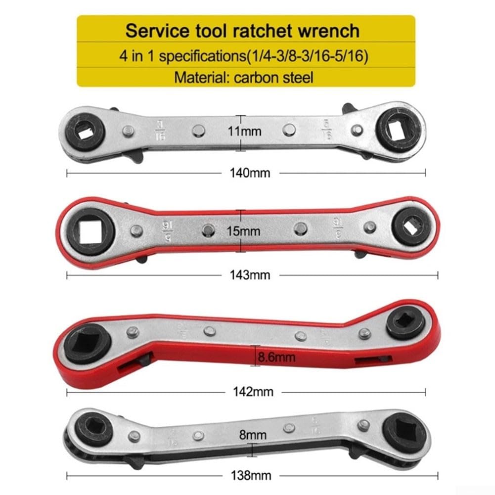 Chiave a cricchetto quadrata a doppia testa per apparecchiature di refrigerazione con aperture da /4" 3/8" 5/16" 3/16" in acciaio al carbonio cromato per HVAC e (bianco piatto)