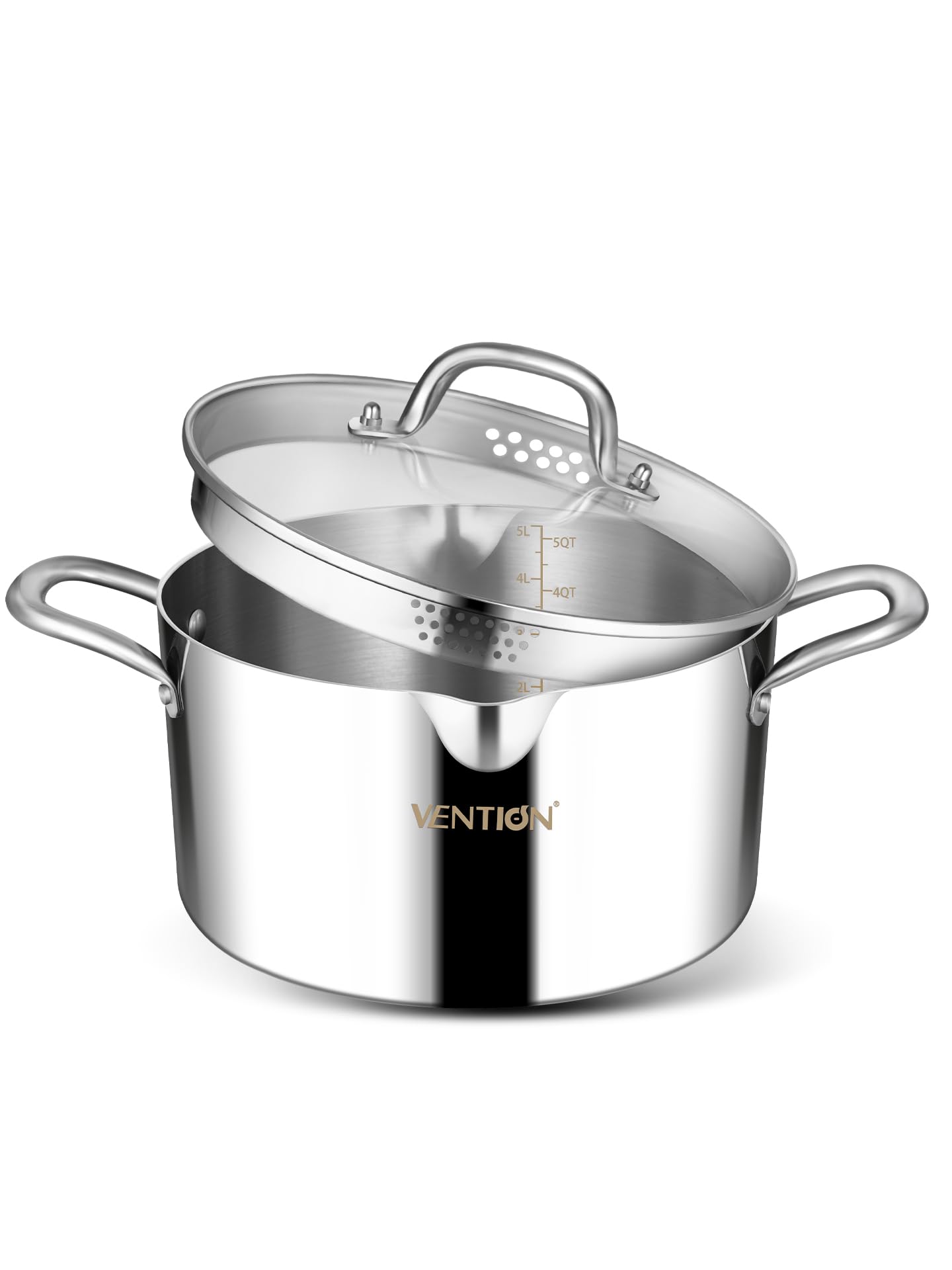 VENTION Tri-Ply Stainless Steel Stock Pot with Glass Strainer Lid, 5.3 Liter Multipurpose Pasta Pot, Induction Stockpot with Two Side Spouts