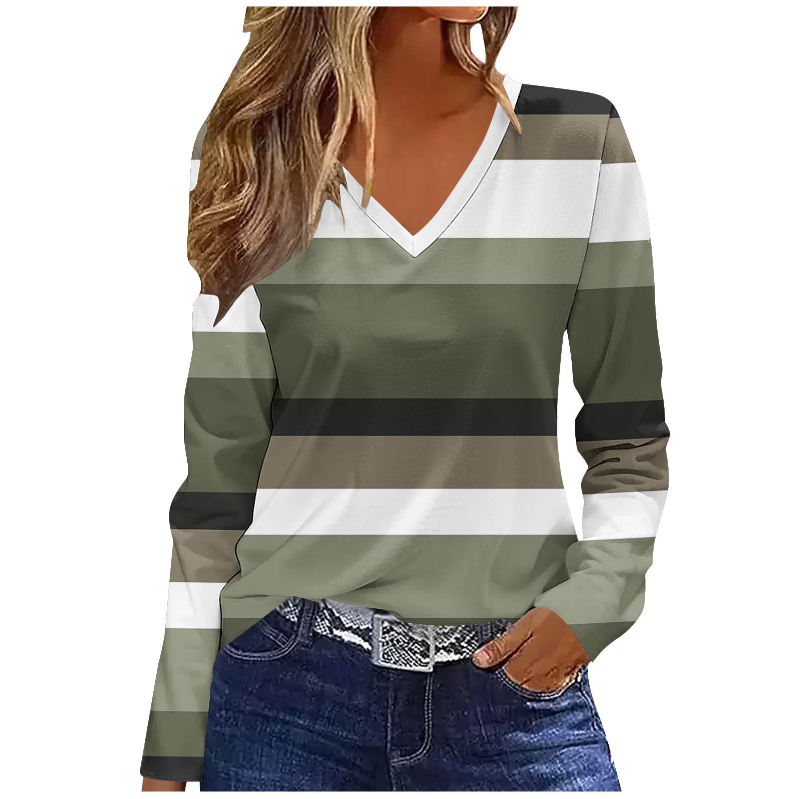 Womens Long Sleeve Tops Blouse Fall Casual Trendy Colourful Striped Color Block Crewneck Loose Shirts Clothes
