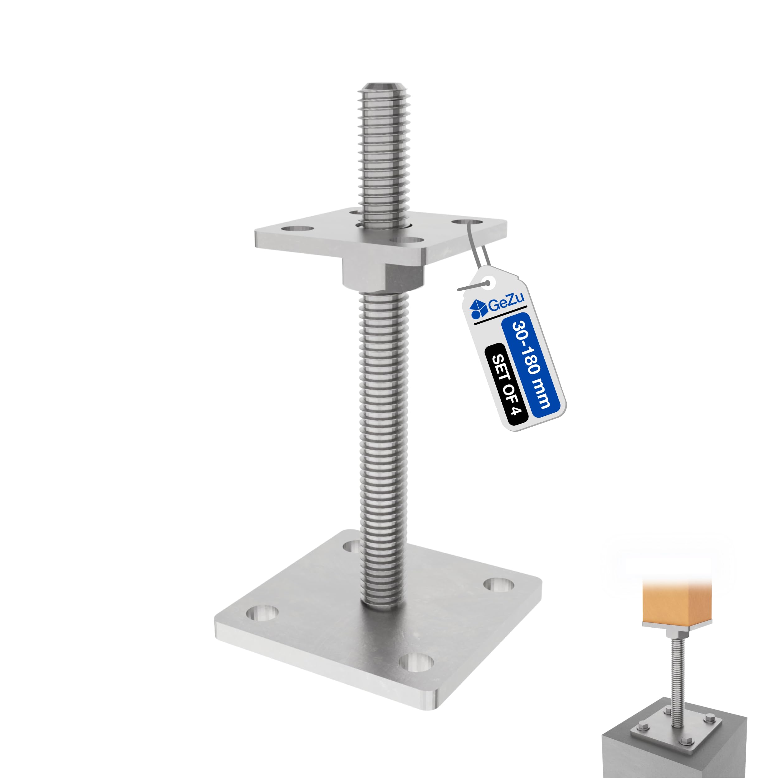 GeZu Impex Adjustable Post Support 70 x 70 mm Hot Dip Galvanised Set of 4 height adjust holder elevated base — image 1