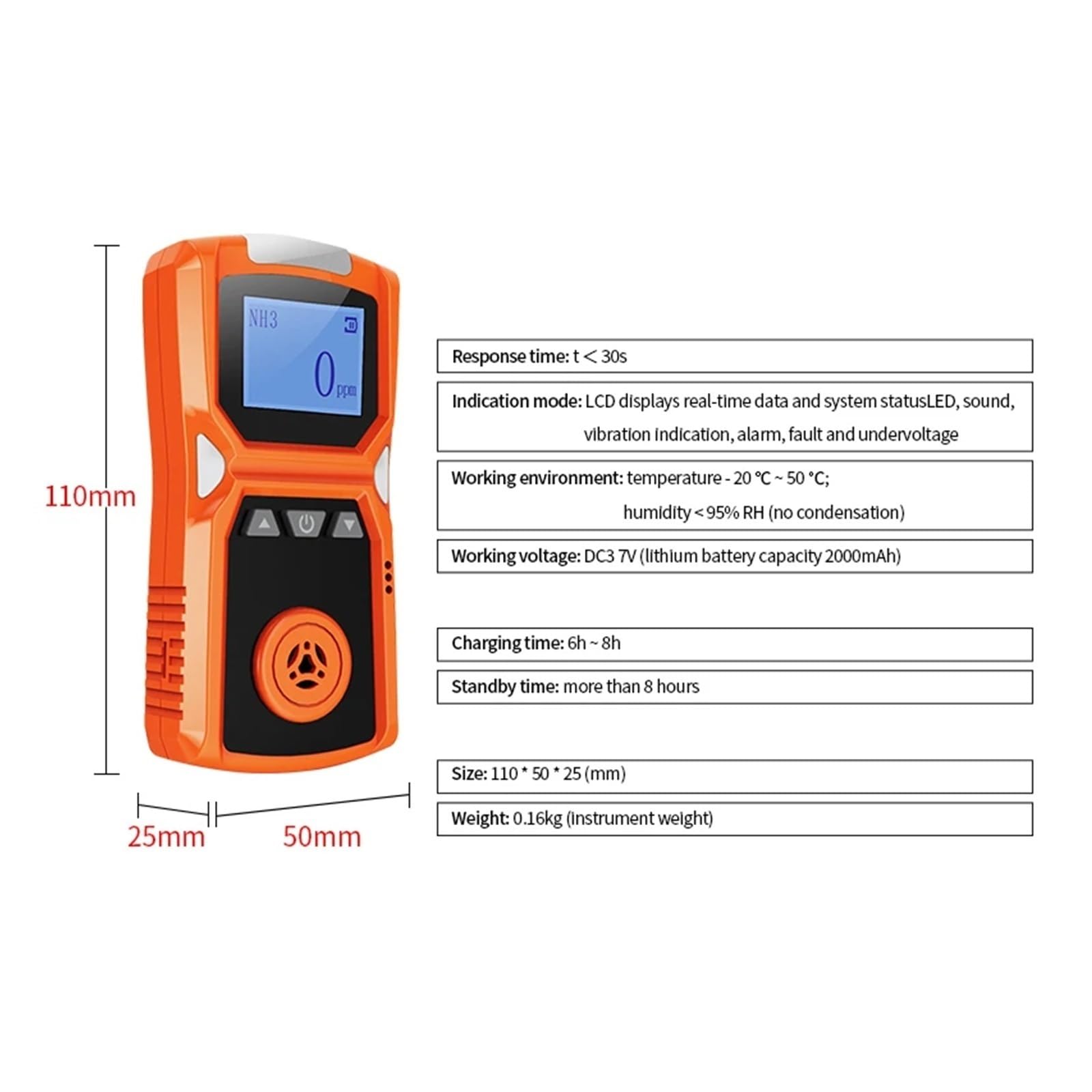 Rilevatore di gas portatile for industria H2/CO/PH3/CO2/H2S/NH3/O2/NO2/NO/EX/CH4 Rilevatore di allarme for gas combustibili con carica USB 0-100% LEL Alta sensibilità, risposta rapida(NH3-0-100ppm)