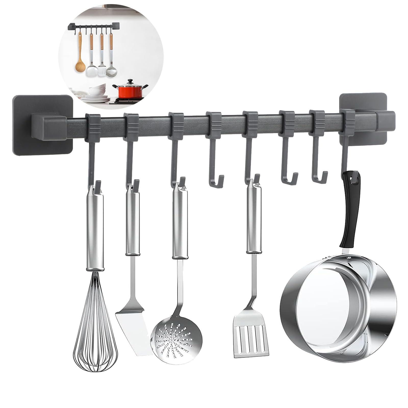 Ylinwtech Gancio da cucina senza foratura,Porta utensili da cucina autoadesivo,Porta mestoli da cucina,Per uso in cucina e bagno,8 ganci