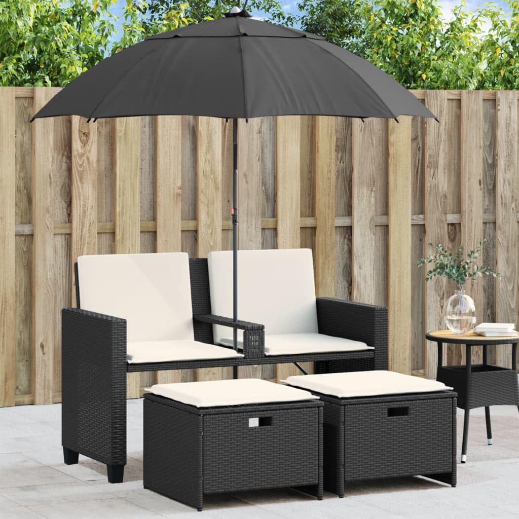 2-os. sofa ogrodowa z parasolem i stołkami, czarna, polirattan, komplet mebli tarasowych z poduszkami, stabilna stalowa rama, regulowany parasol, składane podnóżki, do na warunki atmosferyczne