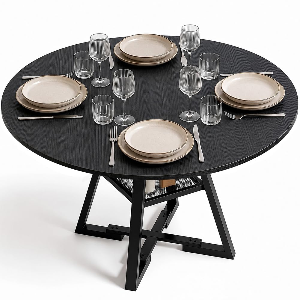 Shally Dogan Tavolo Rotondo per Sala da Pranzo e Cucina Diametro 120cm, Gambe in Metallo con Ripiano Portaoggetti Inferiore e Piano in Legno, Ideale per Casa e Ufficio (Nero)