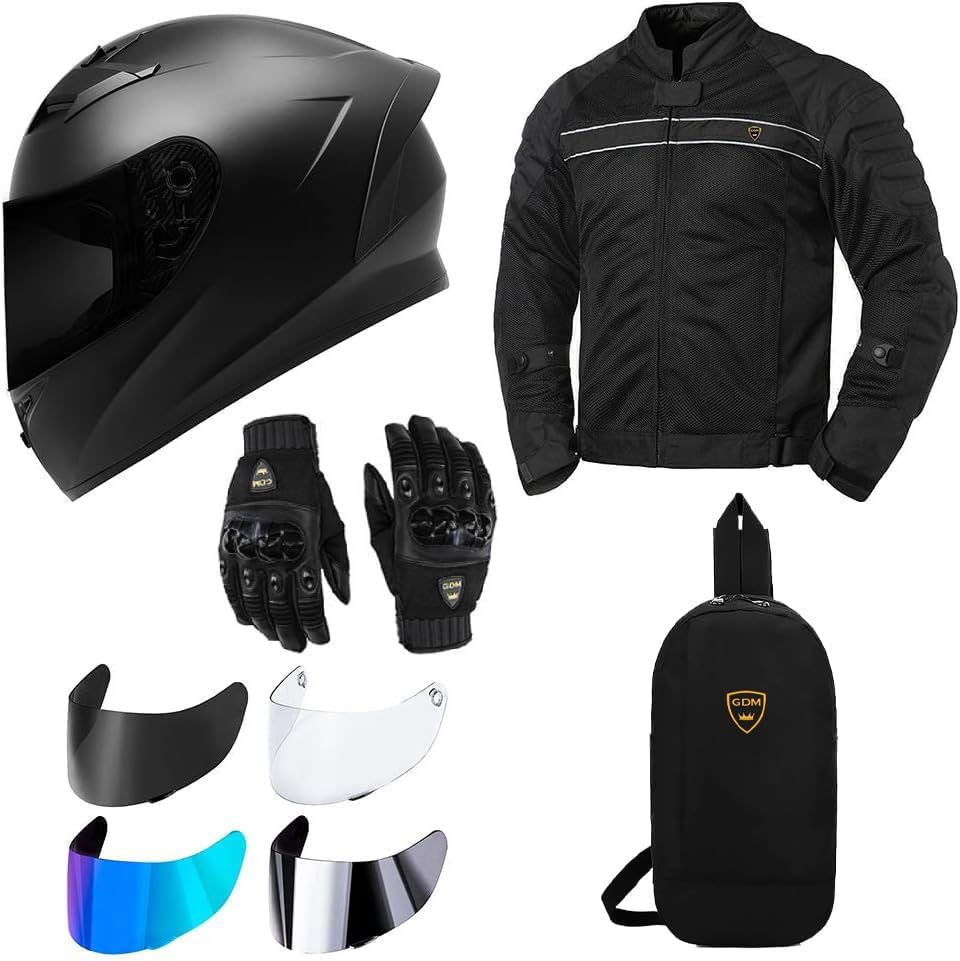 GDM Paquete de equipo de protección para motocicleta (paquete premium) casco, chaqueta, guantes, escudos, mochila