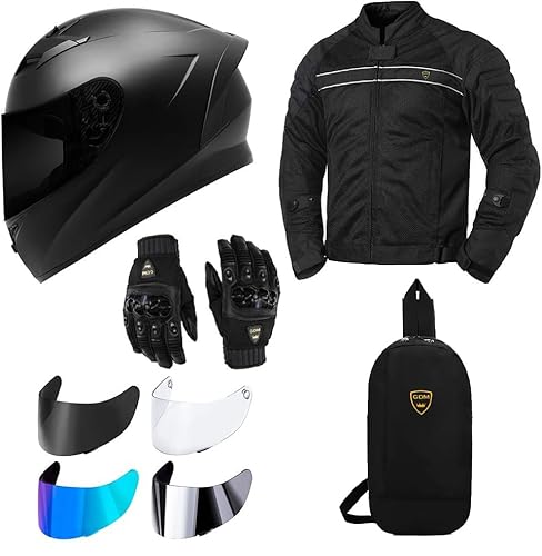 GDM Motorcycle Protective Gear Bundle (Premium Pack) - Helmet, Jacket, Gloves, Shields, Backpack (Medium)