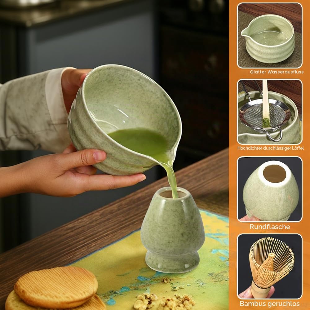 Matcha Set Grün,Macha Tea Set mit MatchaSchale Löffel Sieb Whisk Besen und Matcha Besen Halter,Ceremonial Matcha Tee Set Matcha Zubehör,Macha Set mit Schneebesen Klein (Matcha Grün)