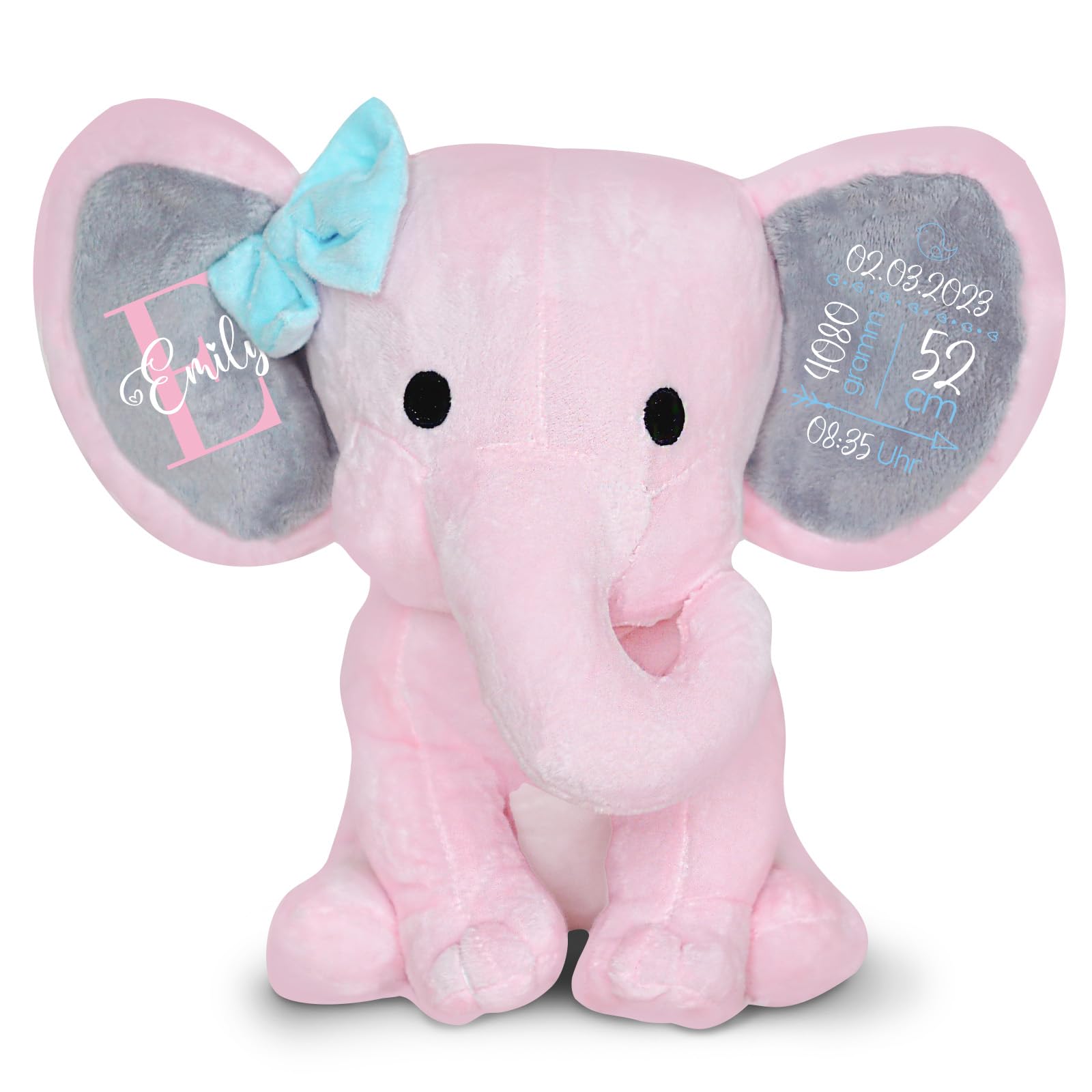 Love Faith - Kuscheltier Pinker Elefant mit rosa Schleife - personalisiertes Baby-Plüschtier - perfekte Geschenkidee zum Geburtstag, Taufe oder Geburt