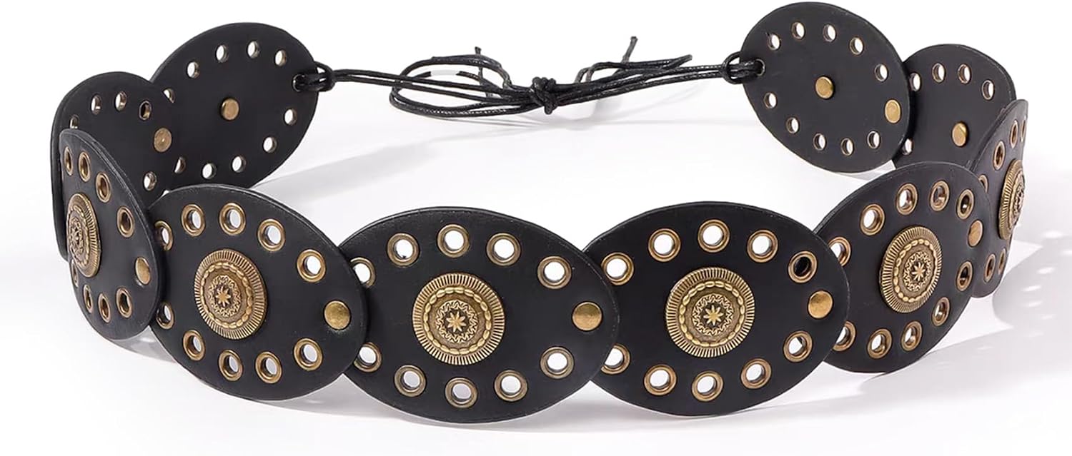 Western Disc Leather Belt for Women, Boho Concho Style for Country Concert