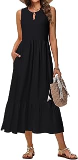Tanmolo Summer Dresses Women's Long Maxi Dress Women's Dress A-line Beach Dress with Round Neck Swing Style with Floral Pattern Sleeveless with Pockets