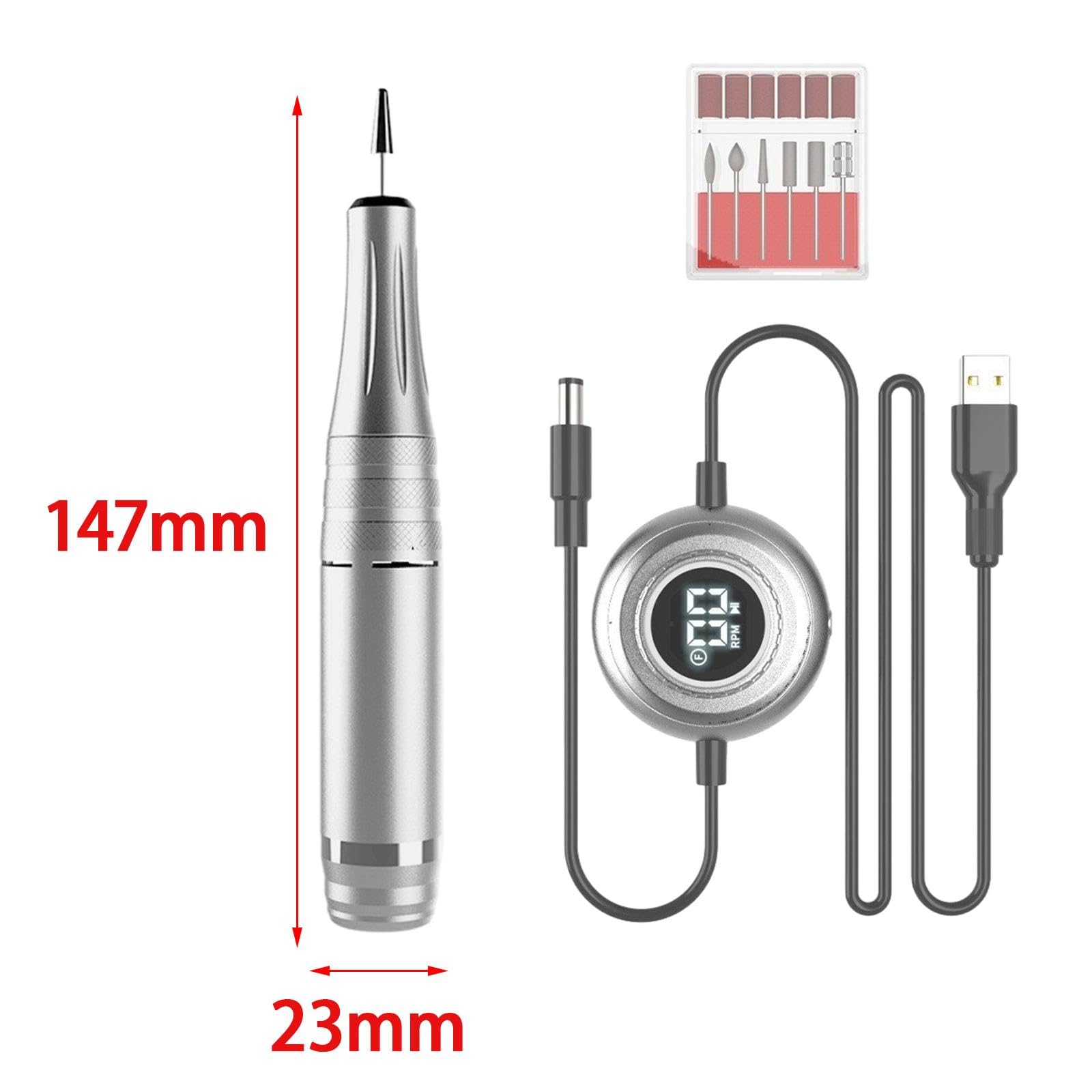 Lima de Uñas Eléctrica Máquina Pulidora Portátil Recargable con Pantalla Controlador USB Conjunto de 6 Brocas 6 Bandas Lijadoras Adecuada, Plata
