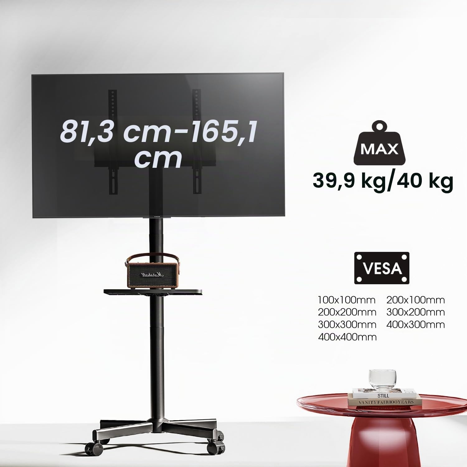 AOKCOS Supporto per TV da 32 a 65 pollici, carrello regolabile con ruote, VESA 400x400 mm, 40 kg, nero