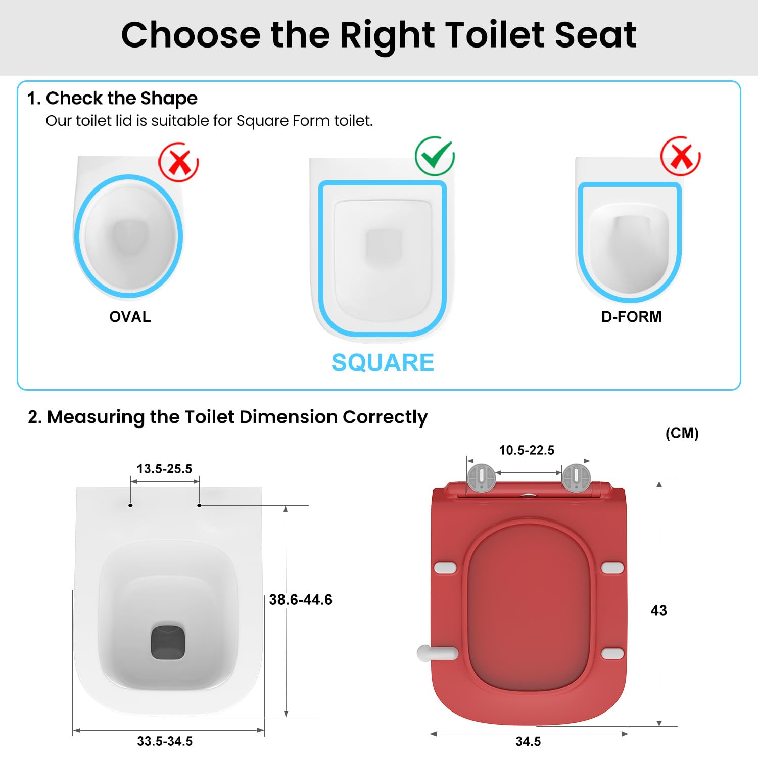 Tapa WC Forma Cuadrado Ultrafino [CORTO], Asiento de Inodoro Cuadrado con Cierre Suave y Liberación Rápida para una Fácil Limpieza, Rojo, 42,5 * 34,5 cm