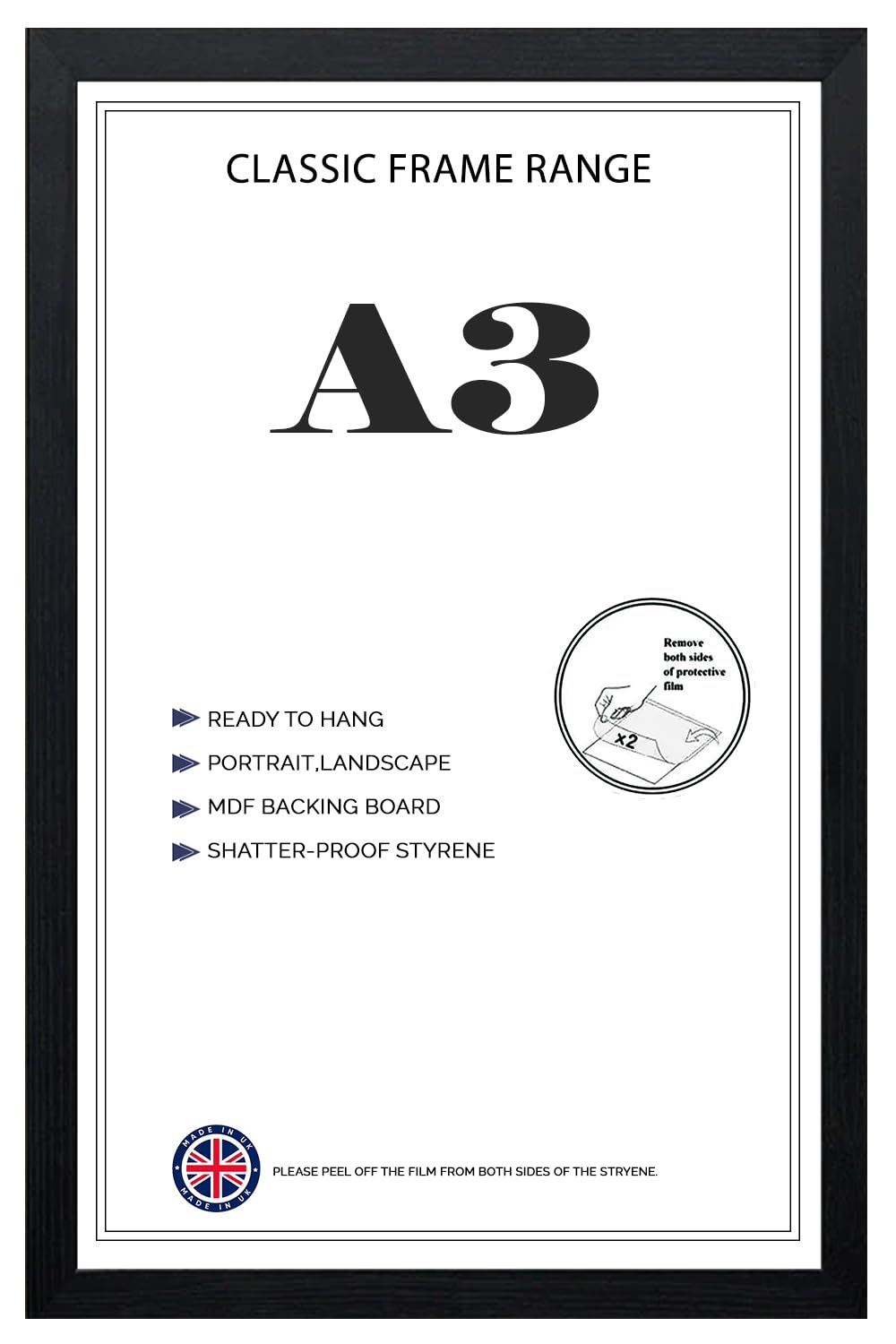 Flat Black Poster Frame A3 Lightweight Vertical & Horizontal Shatter-Proof Acrylic HD Clear Front Wall Hanging Picture Frame