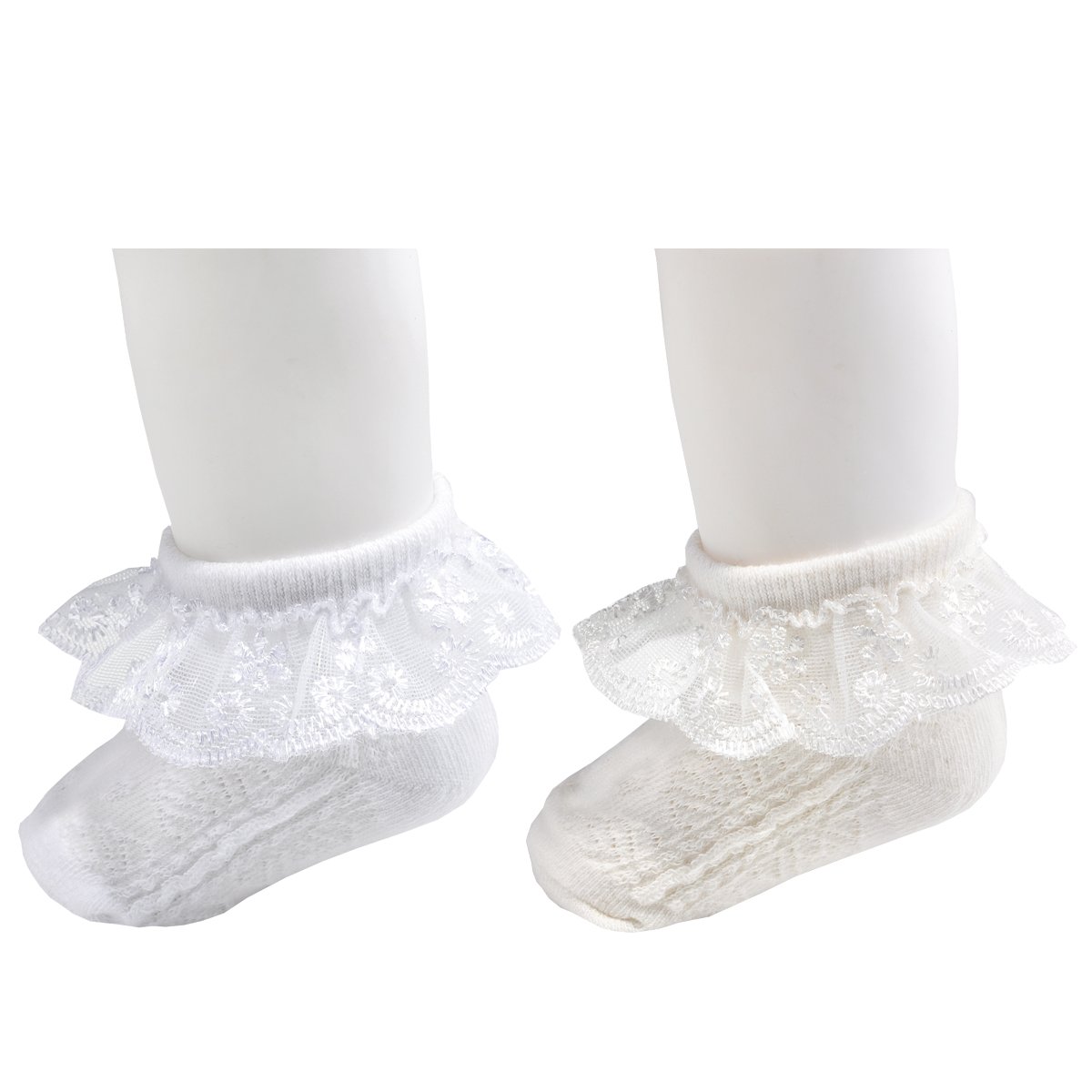 EPEIUS Baby Girl Frilly Lace Socks with Eyelet Ruffles - Dressy Occasion Socks, 2 Pack, White Ivory, Size 3-5 Years