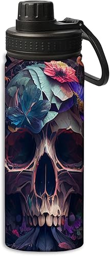 OOZ Calavera y flores patrón 18 oz deportes aislados botellas de agua de acero inoxidable para correr, senderismo, ciclismo, escalada, negro