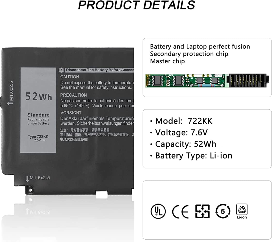 WLTree 52Wh 722KK Batterij voor Dell XPS 13 9300 2020 i5 FHD XPS 13