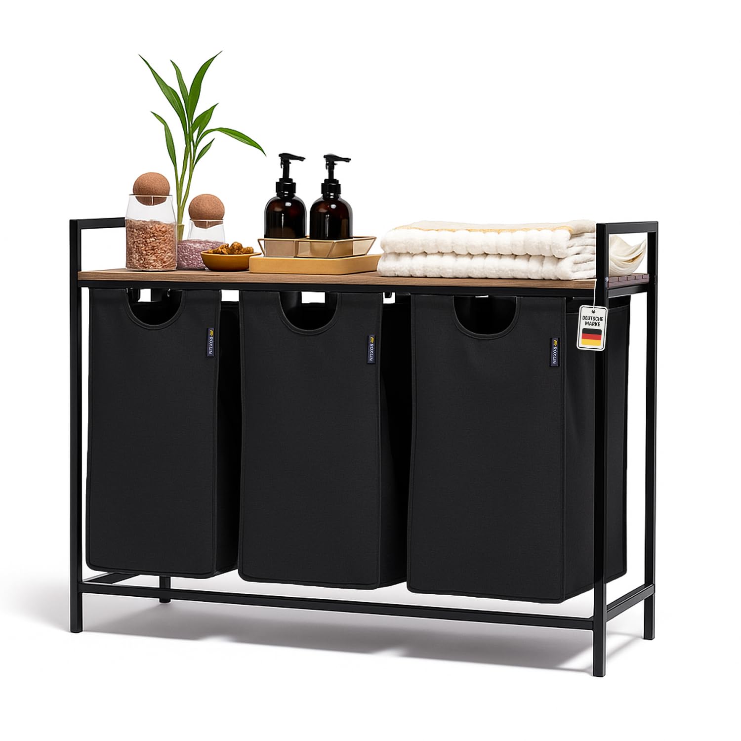 Wäschekorb mit 2 Fächern – Wäschesammler mit Deckel & Ablage Wäsche Sortierer aus Metall & Bambus Schmutzwäsche für Bad, Schlafzimmer, Waschküche Wäschesammler mit Ablage (Schwarz, 120 L)