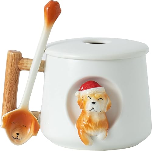DIHOclub Taza de café de cerámica con tapa y cuchara a juego, taza con patrón 3D Golden Retriever para té, leche y chocolate, bonita taza para los