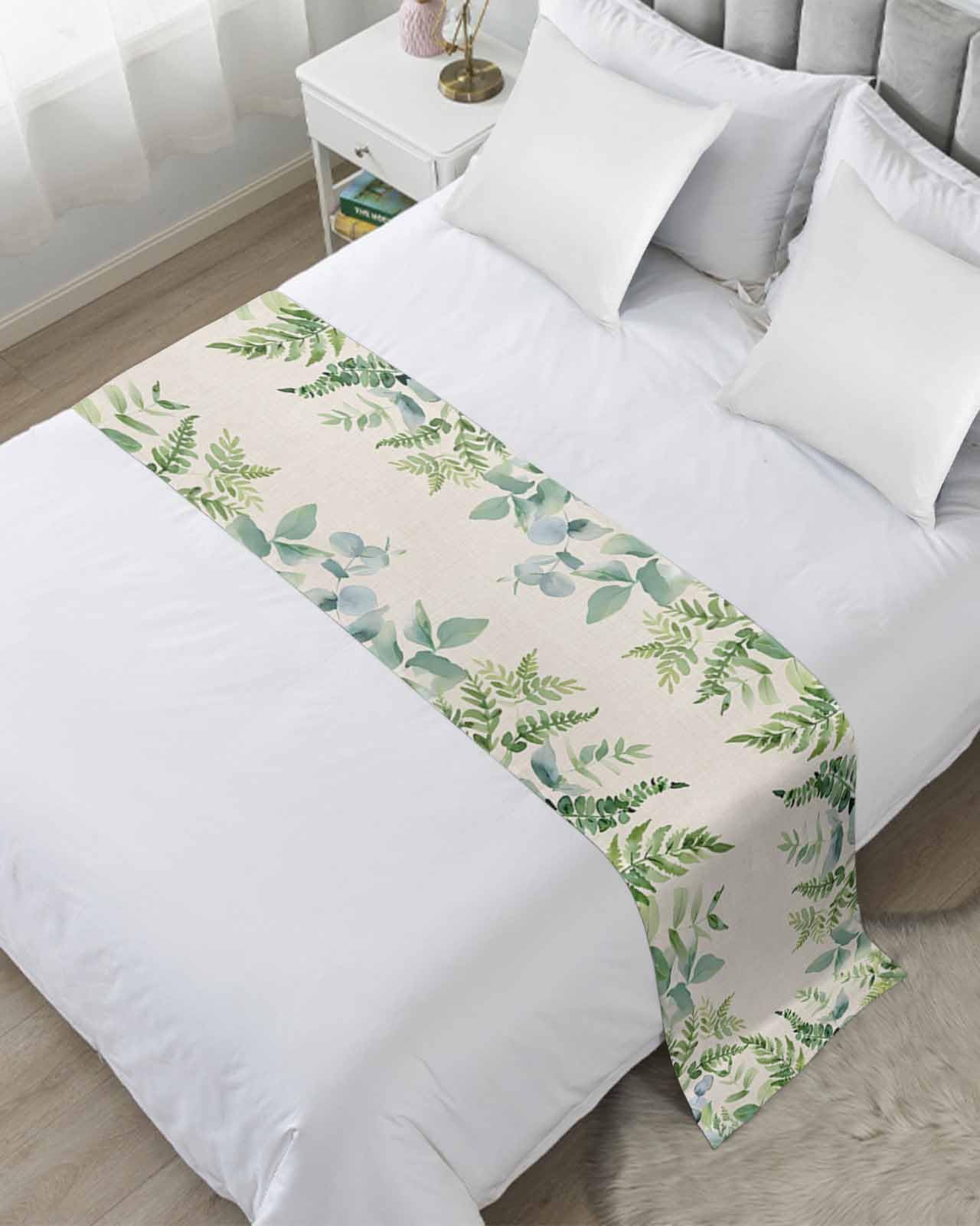 Twin Bed Runner Summer Eucalyptus Leaves Green Watercolor Bedding Runner Scarves Decorative Bed Scarf, Botanical Pastoral Plant Soft Bedding Scarf for Bedroom Hotel Wedding 71x20in