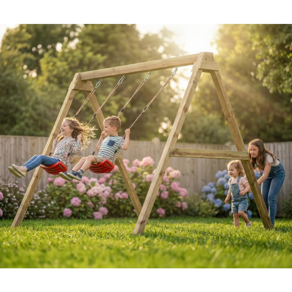Altalena in Legno Maxplay Swing con Doppia Seduta da Giardino – Altalena Bambini da Esterno, Struttura in Legno Impregnato in Autoclave, Resistente per Uso Privato, Giochi da Giardino 3-10 Anni
