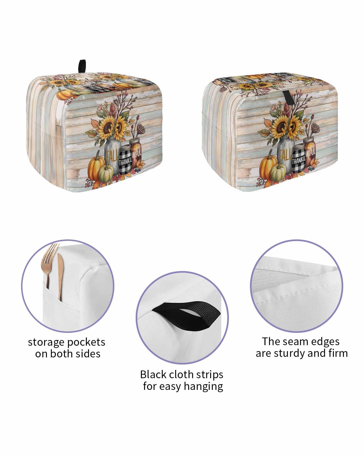 Fall Toaster Cover 4 Slice, Sunflower Pumpkin Leaves Wood Plank Bread Maker Dust Cover with Pockets for Kitchen Small Appliance 12x11x8in