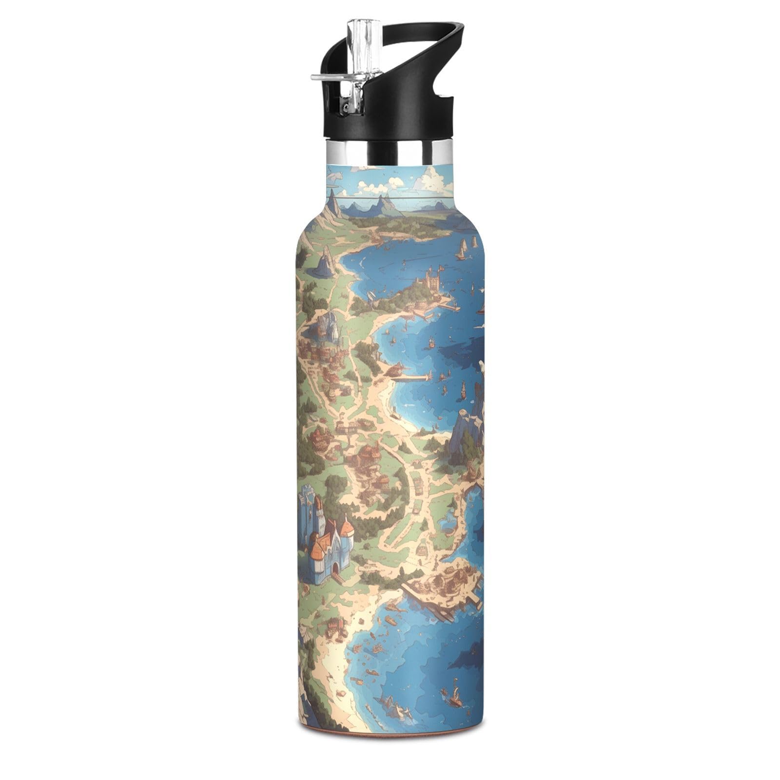 Kaaviyo Boys Pattern Fantasy Map Islands Ships Mysterious Water Bottle Stainless Steel Jug Insulated Vacuum Cup For Girls(600Ml)