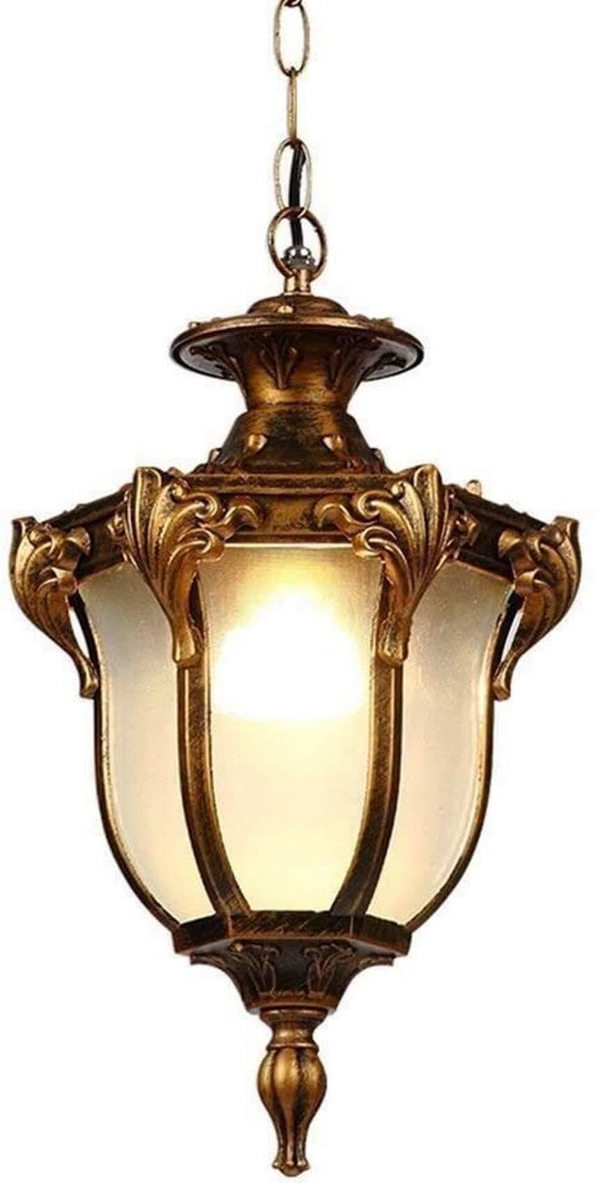 JYBNBBE Outdoor Vintage Metal Chandelier, Waterproof IP54 Glass Lantern, E27 Ceiling Pendant Light, Rustic Carved Bronze, Porch, Garden, Entrance