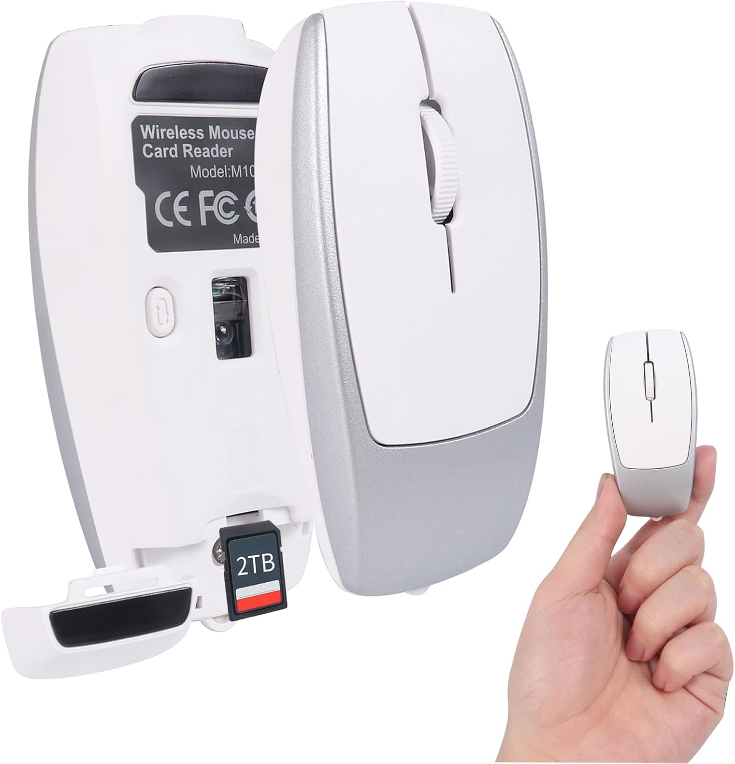 Mini Bluetooth Wireless Mouse with TF Card Reader, Rechargeable, Silent Click, Portable for Laptop, PC, Travel, Office & Home Use (Silver)