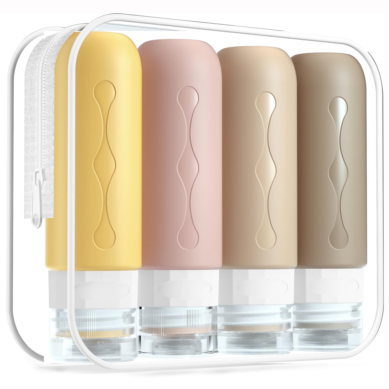 Gemice Silikon Reiseflaschen 90ml Set, 4 Stück auslaufsichere Reise Container und Reise Toilettenartikel Set, FDA zugelassene nachfüllbare Flüssigkeitsbehälter für Shampoo Creme Spülung Körperpflege