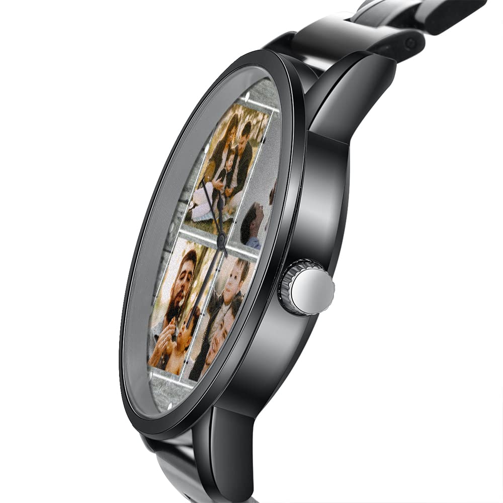 lorajewel Reloj de Hombres Personalizado Nombre Fecha Foto,Cronógrafo Deportivo de Cuarzo Moda Negocio Impermeable Relojes de Pulsera Acero Inoxidable Negro para el día del Padre