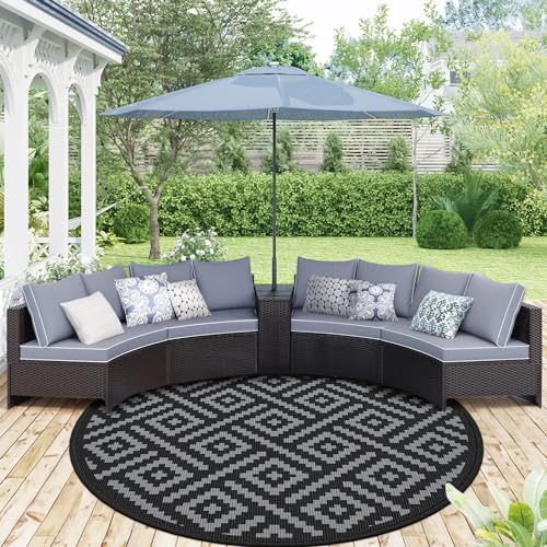 Image of GENIMO Outdoor Rug, Waterproof Plastic Rugs for Patio, 10' Round Black Grey